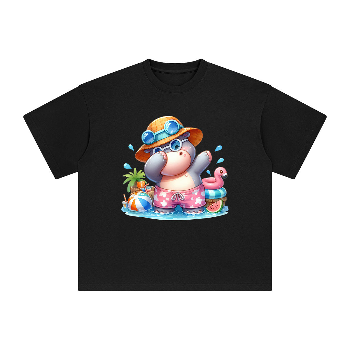 Hippo In Pool Party Graphic Tee-INNBLAC Fashion Apparel
