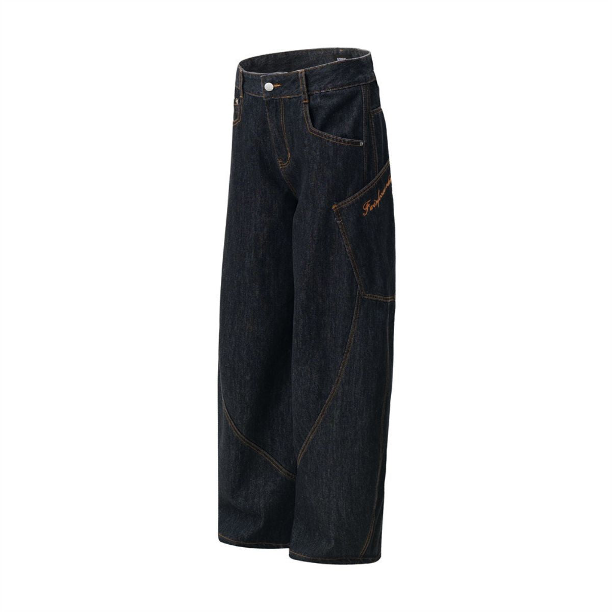 Men's Curved Crescent Denim Pants â€?Loose Wide-Leg Street Style