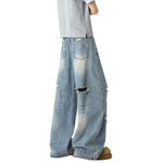 Heavy Distressed Curved Wide Leg Denim Jeans
