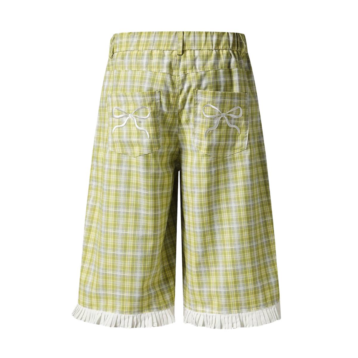Washed Plaid Graphic Patchwork Bow Detail Relaxed Wide-Leg Capri Denim Pants