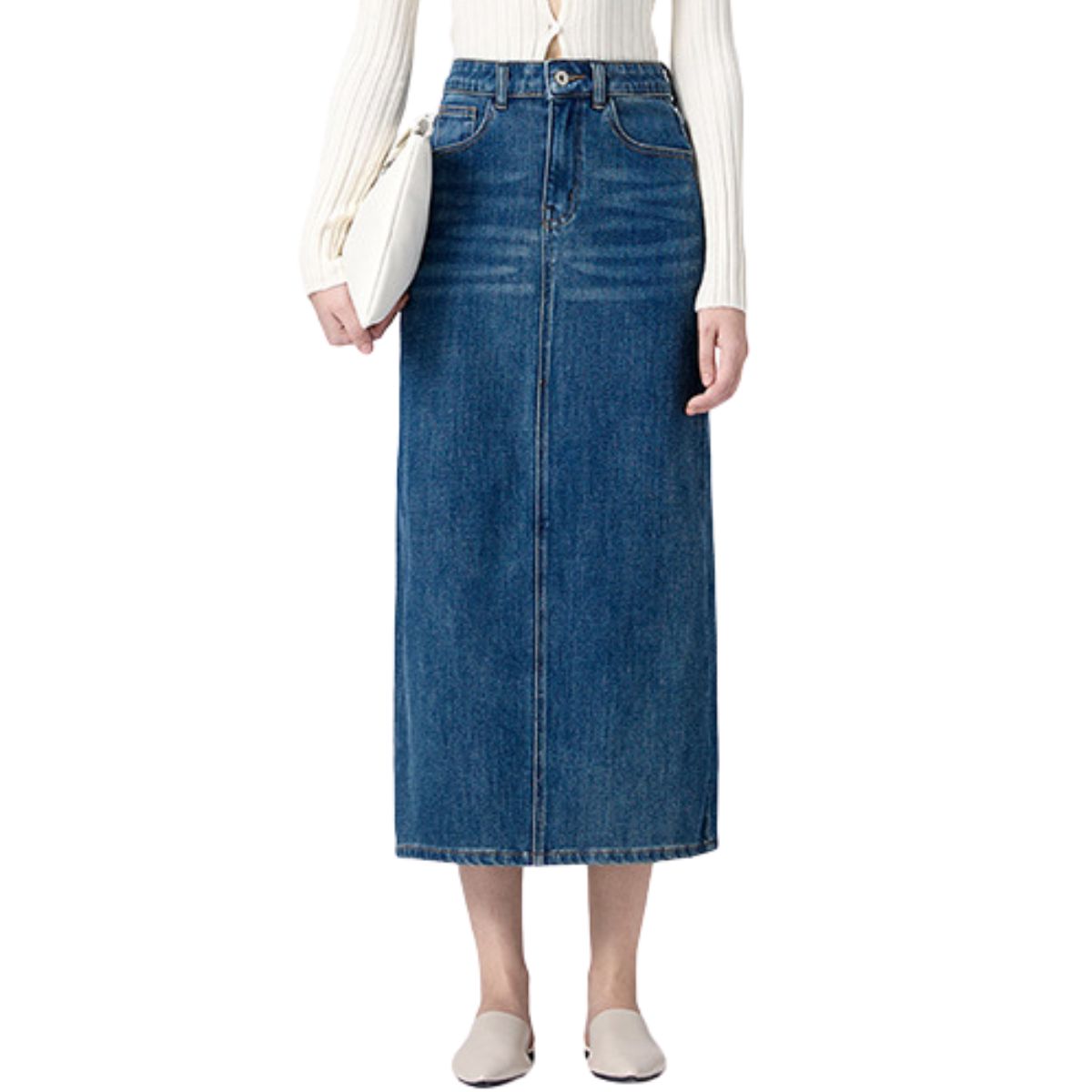 High-Rise Straight Denim Midi Skirt