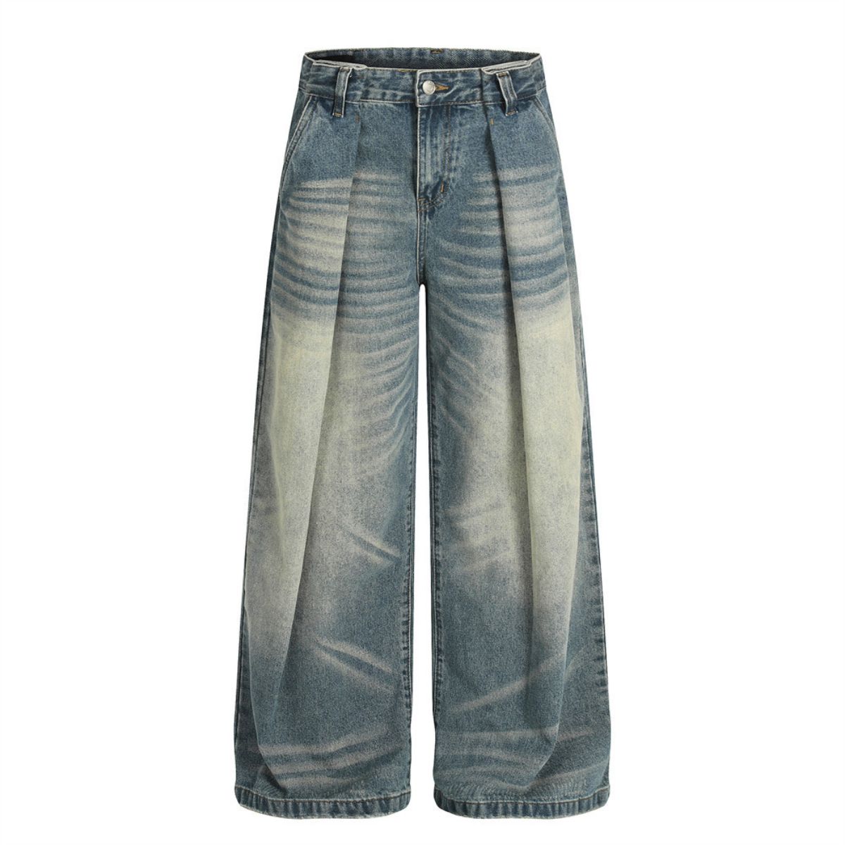 Men's Washed Distressed Denim Pants Loose Wide Leg Pleated Fade