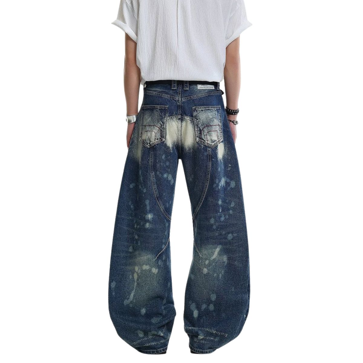 Paint Splatter Barrel Leg Denim Jeans with Rivet Details