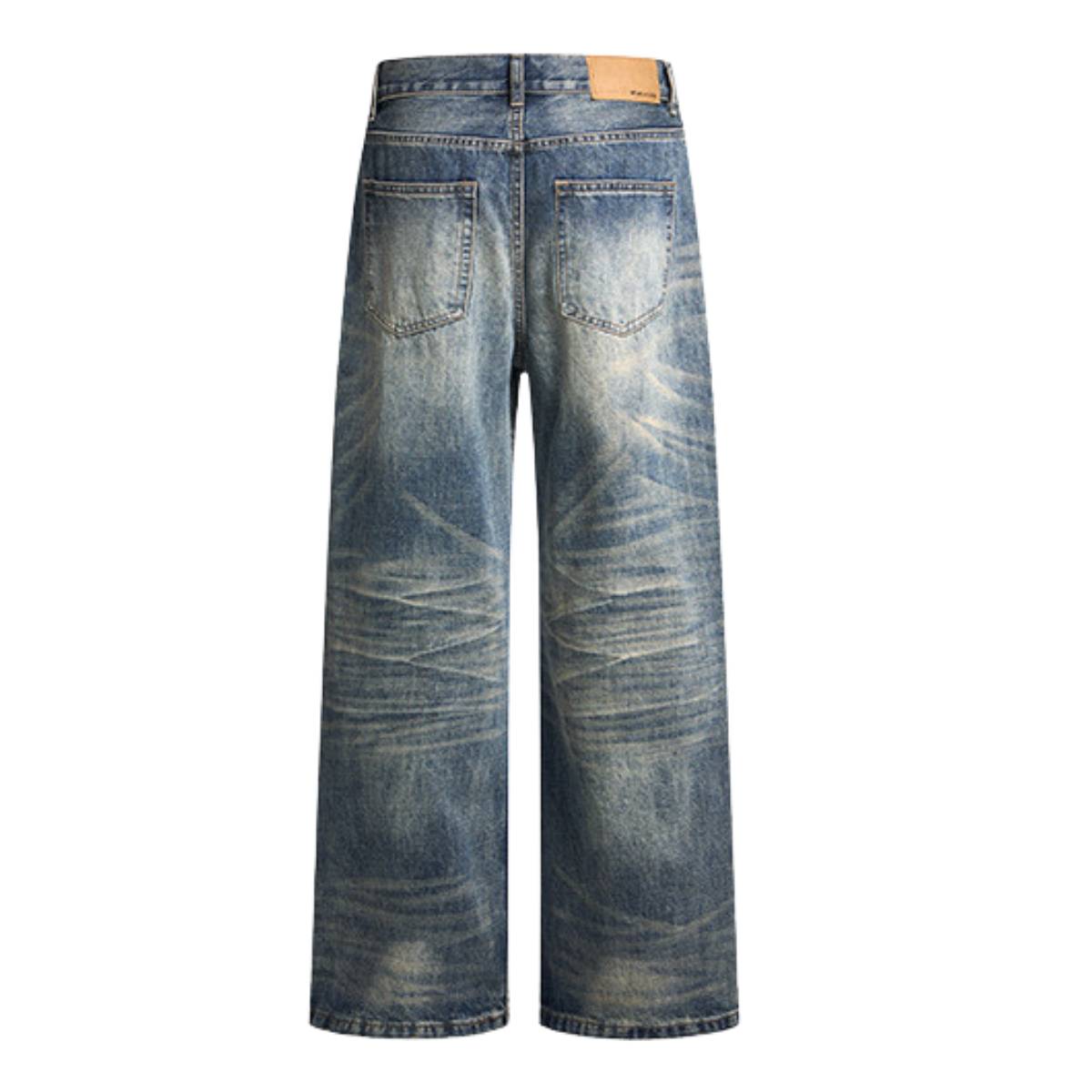 Wash Vintage Whiskered Fluid Flow Wide Leg Denim Jeans