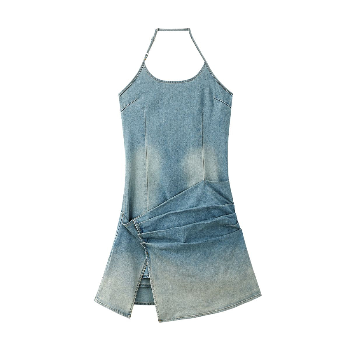 Ruched Denim Halter Mini Dress