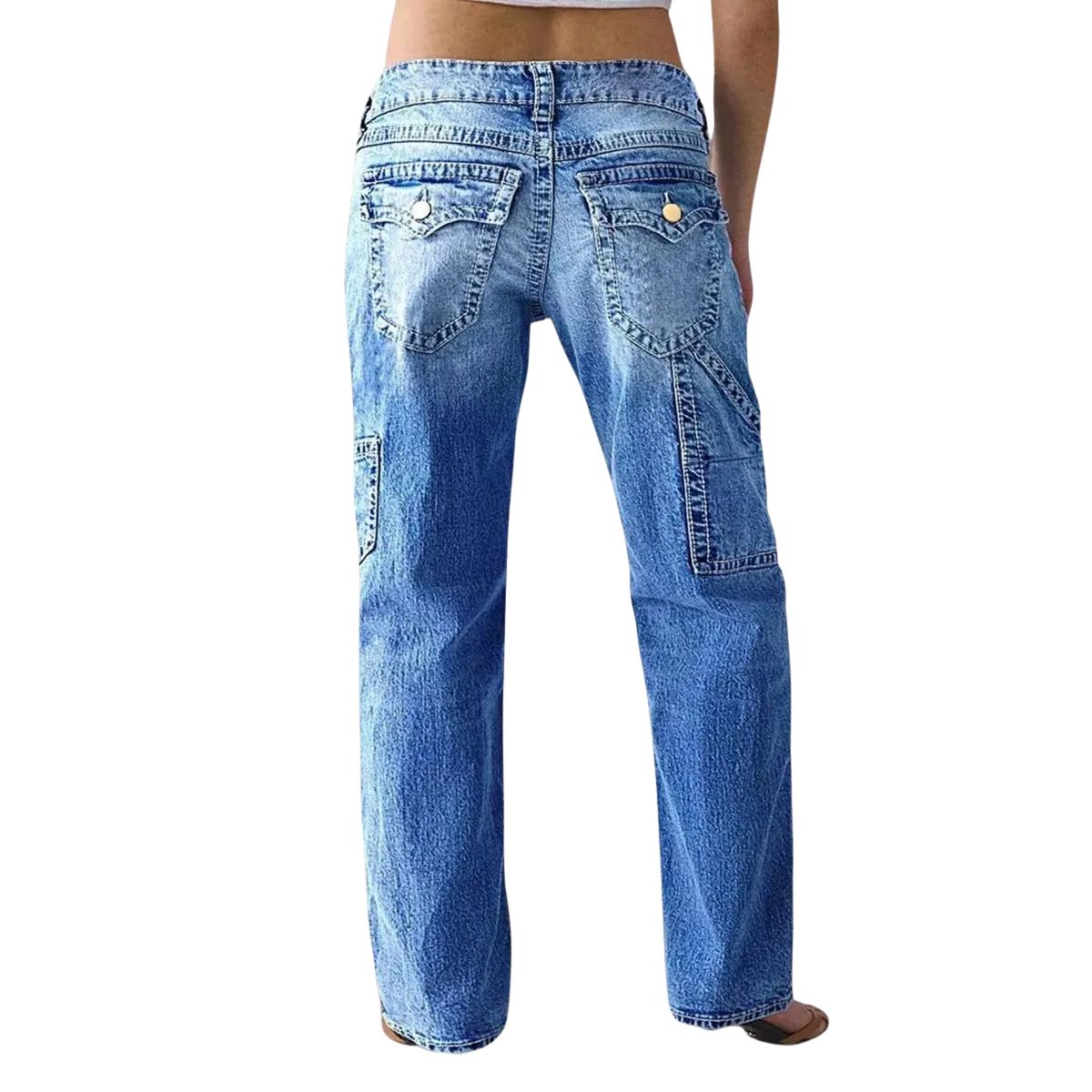 Women's Multi-Pocket Washed Mid Rise Straight Leg Jeans