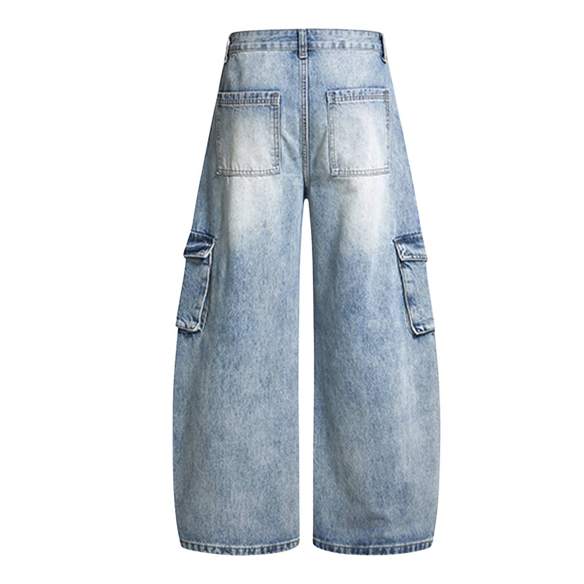American Vintage Washed High-Waist Curved Wide-Leg Workwear Denim Pants