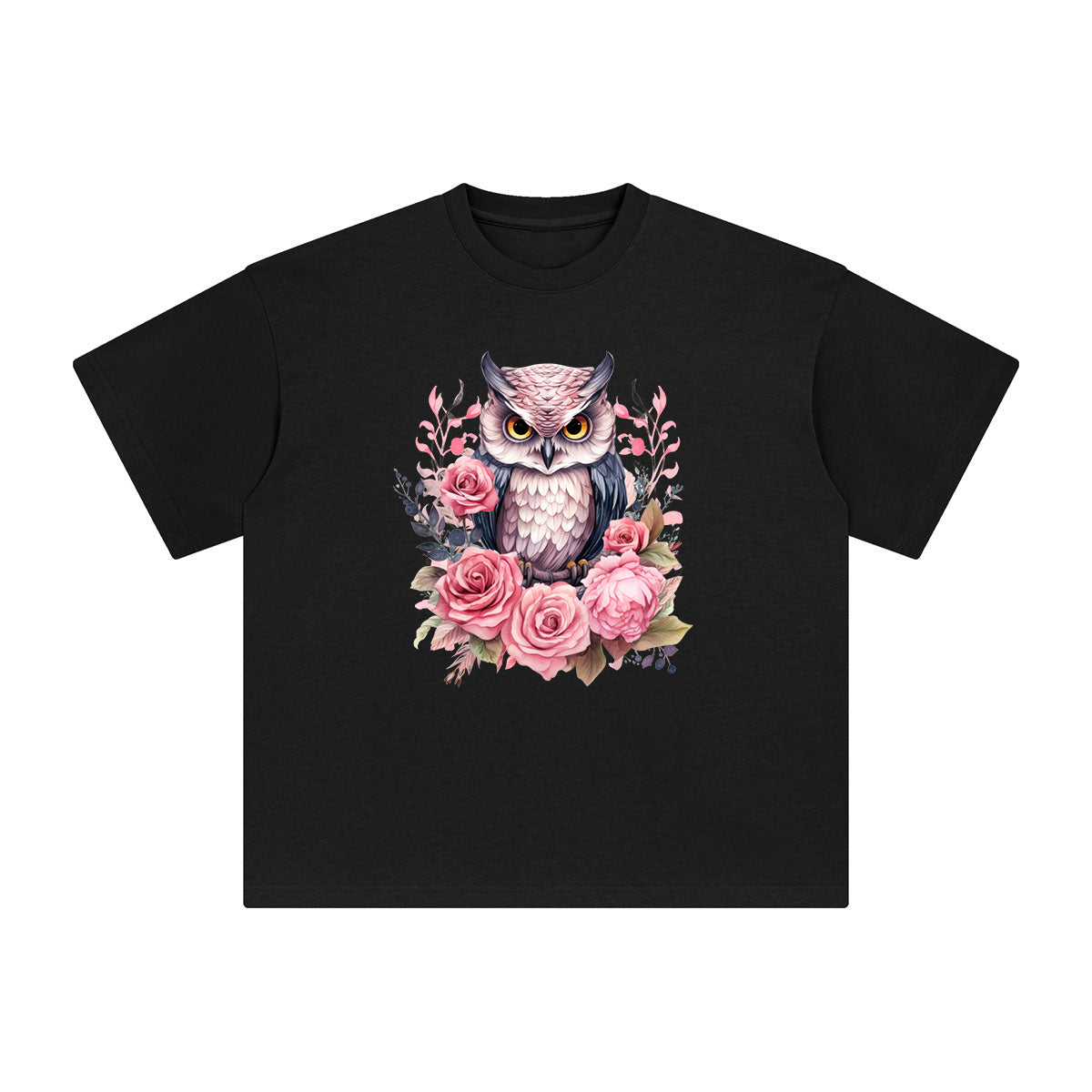 Owl & Pink Flowers Graphic Tee-INNBLAC Fashion Apparel