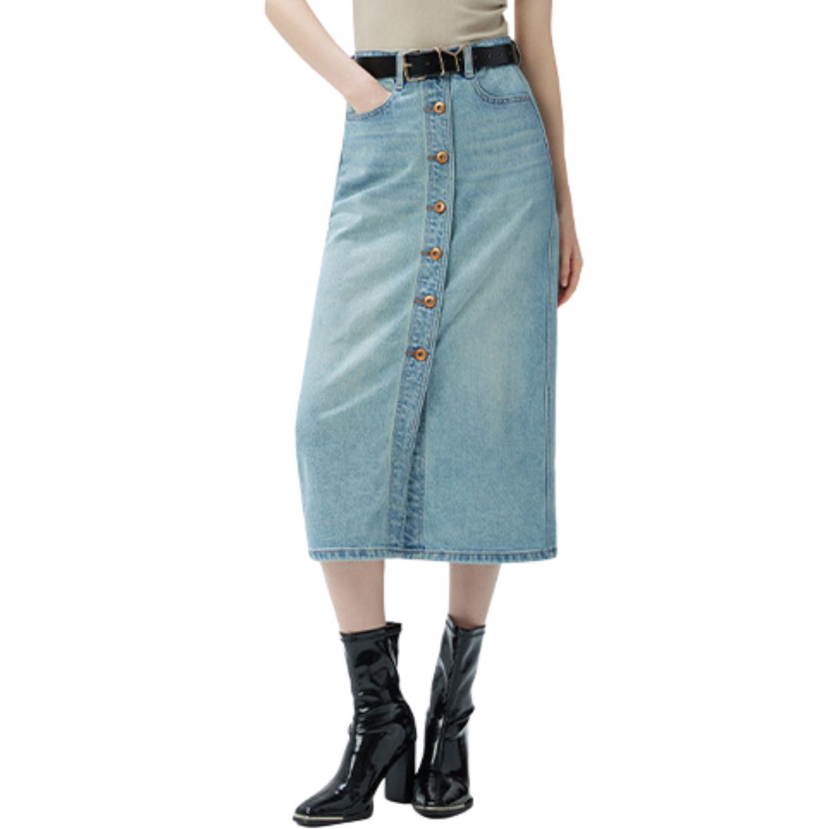 High-Rise Button-Front Denim Midi Skirt