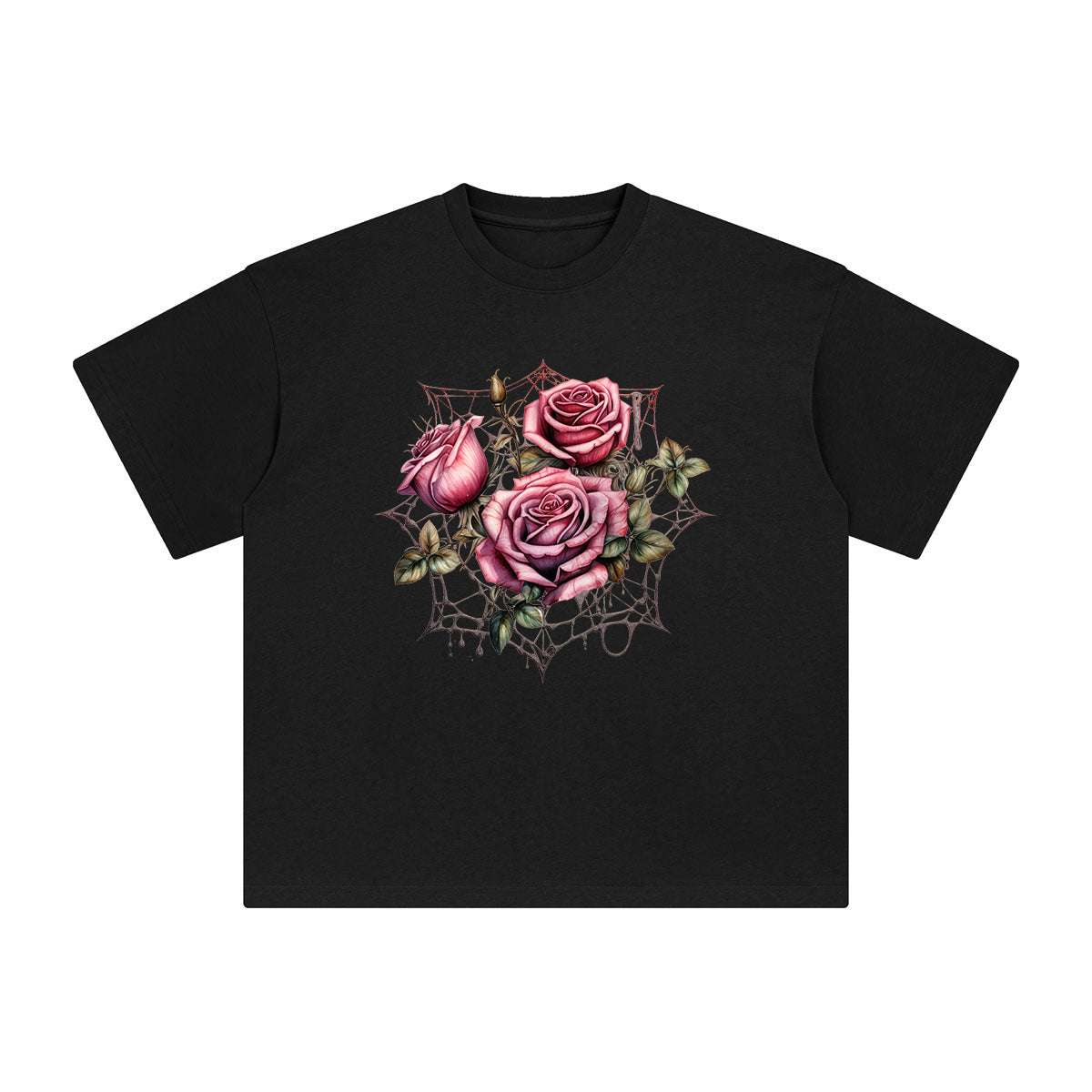 Gothic Spiderweb & Red Roses Graphic Tee-INNBLAC Fashion Apparel