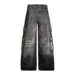 Men's Distressed Washed Denim Cargo Pants Wide Leg Paint Tie-Dye Unique