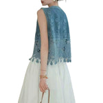 Floral-Embroidered Cut-Out Denim Vest