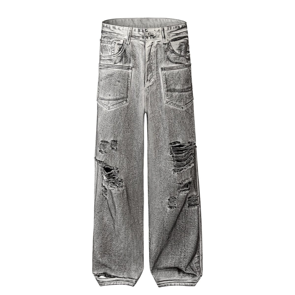 Acid Wash Destroyed Wide-Leg Jeans