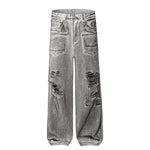 Acid Wash Destroyed Wide-Leg Jeans