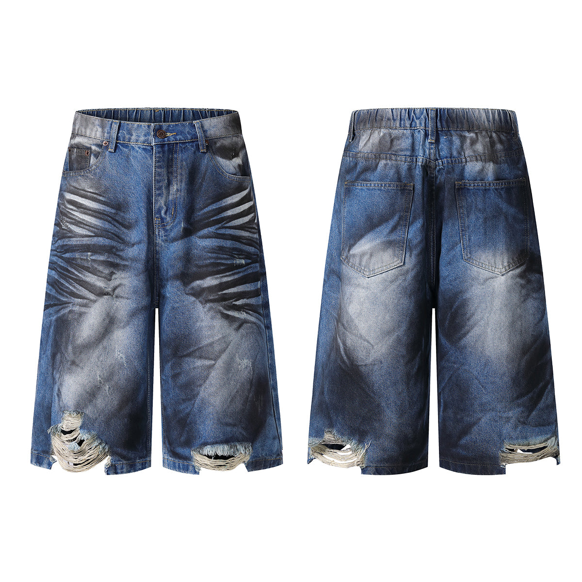 Grungy Wash Ripped Hem Denim Bermuda Shorts