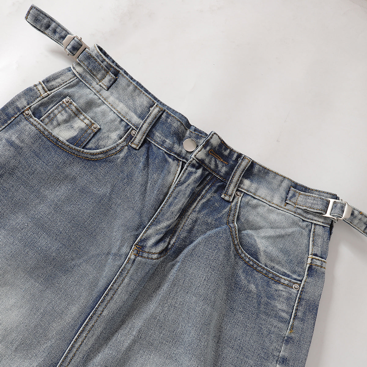 Adjustable Side Strap Distressed High Waist Shorts