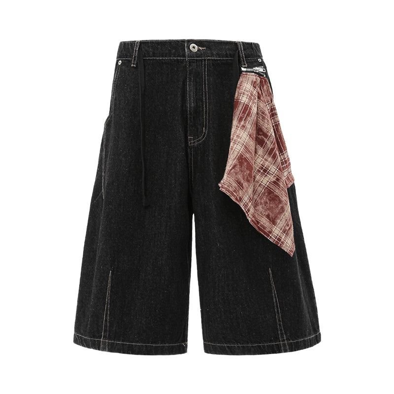 Checkered Bandana Baggy Denim Bermuda Shorts