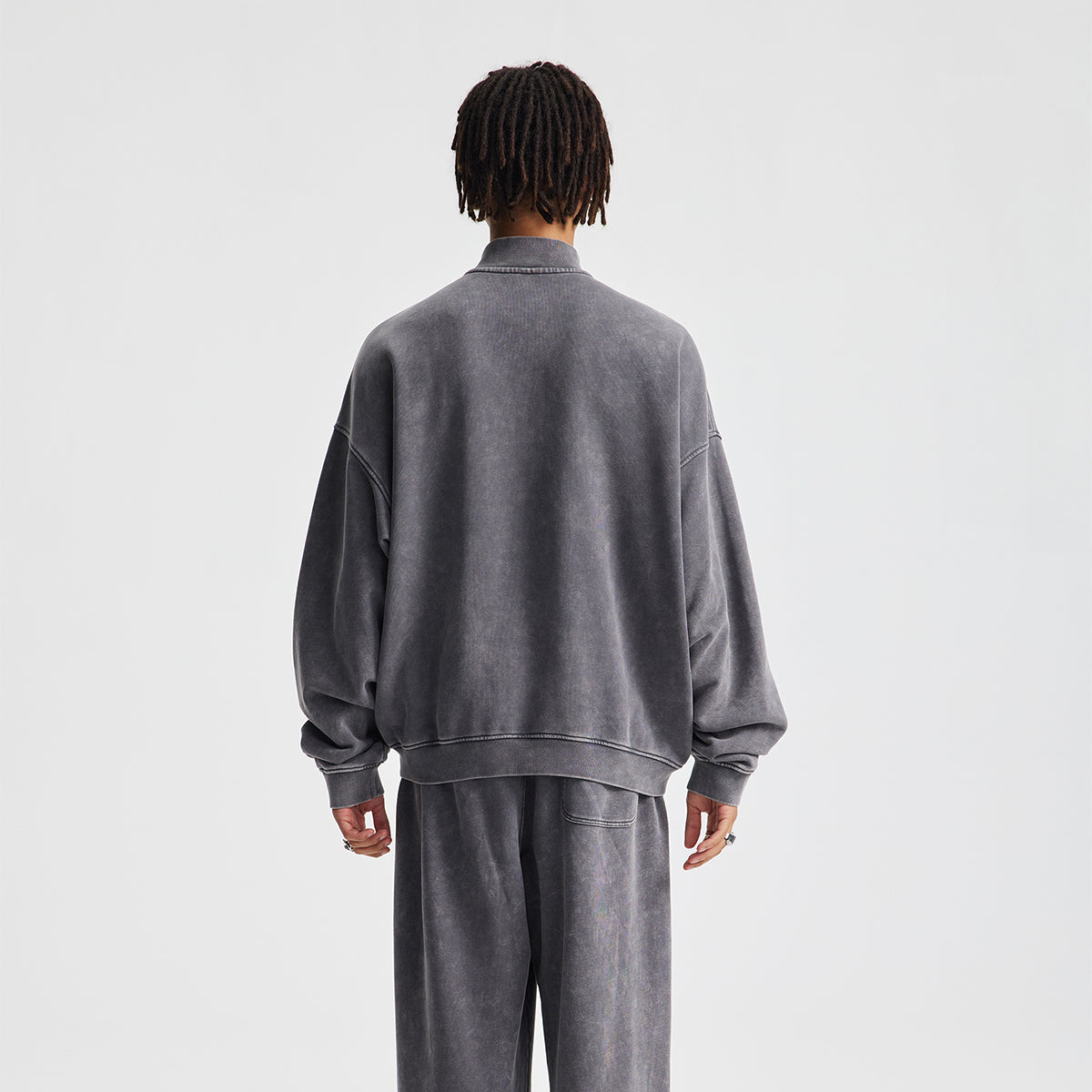 Vintage Zip-Up Ribbed Stand Collar Sweatshirt
