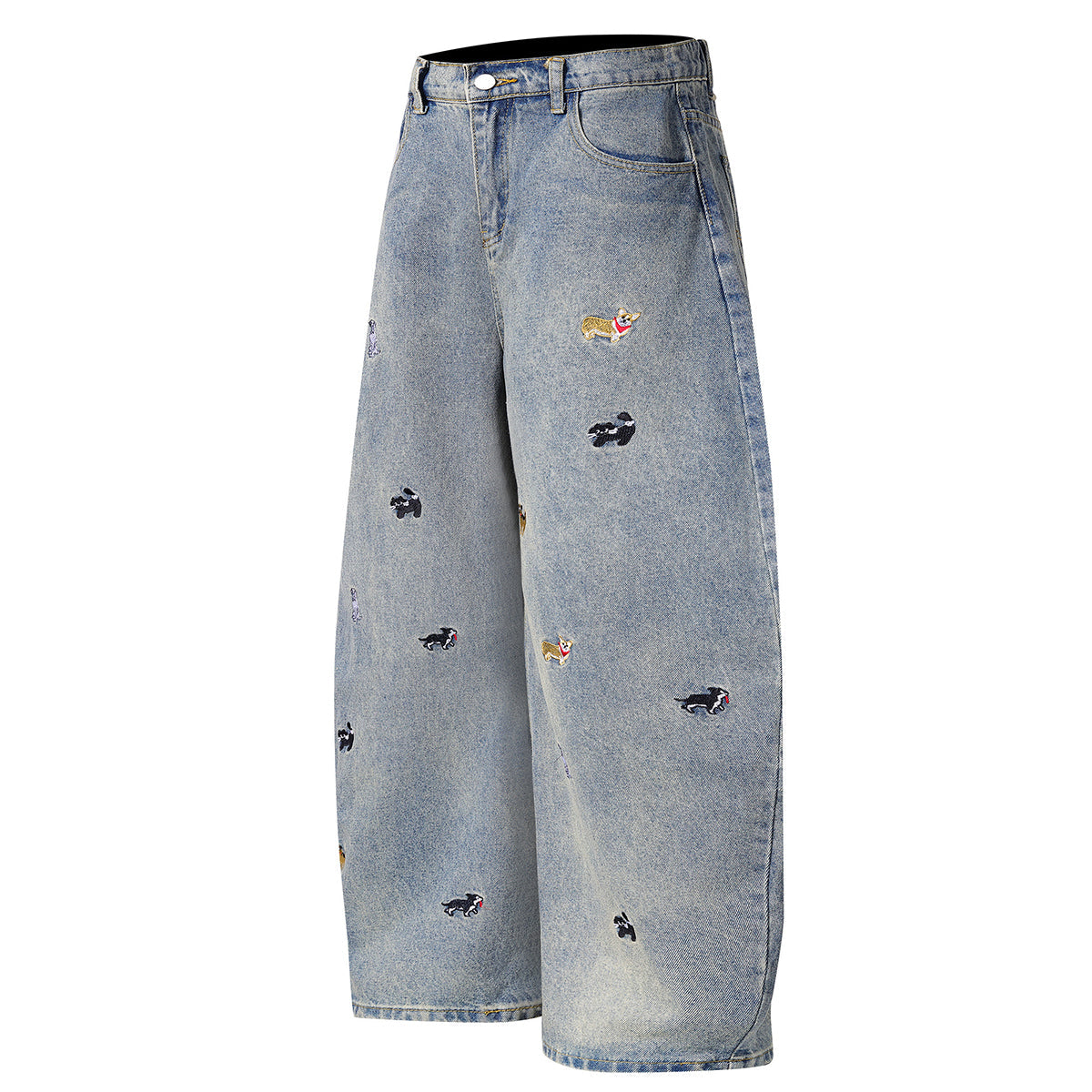 Washed Faded Dog-Embroidered Barrel-Leg Jeans