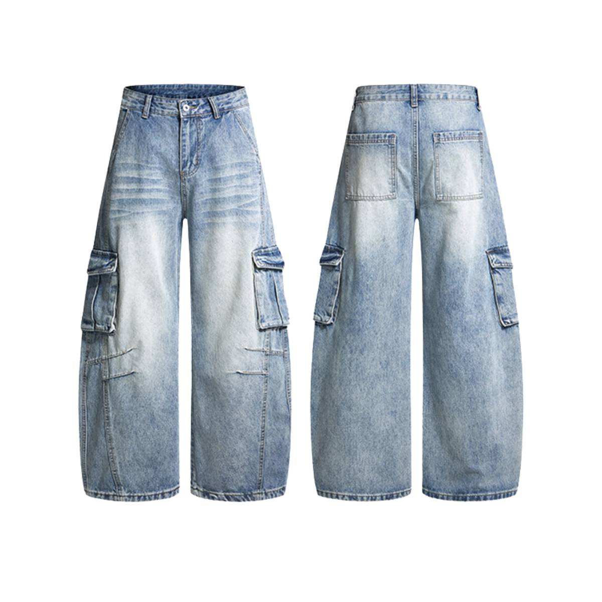 American Vintage Washed High-Waist Curved Wide-Leg Workwear Denim Pants