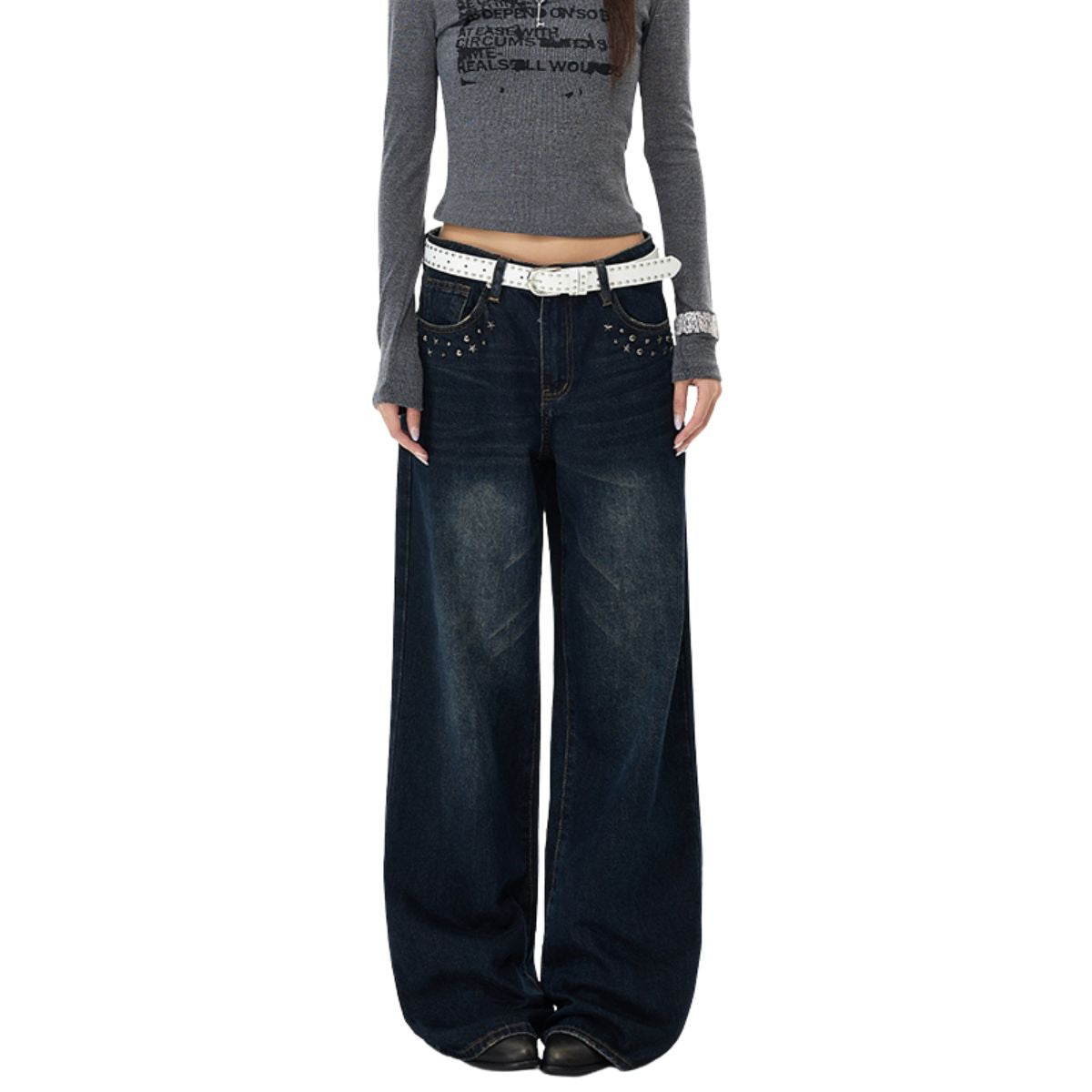 Vintage Studded Wide Leg Jeans