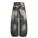 Men's Washed Faded Wide Leg Curved Denim Pants Distressed Punk