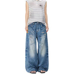 Bleached Rip Curved Wide Leg Denim Jeans