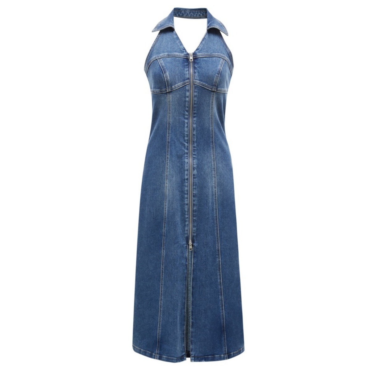 Blue Halter Neck Zip Front Denim Midi Dress