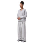 Boxy Short‑Wide V‑Neck Sweatshirt With Gathered Lantern Puff Sleeves
