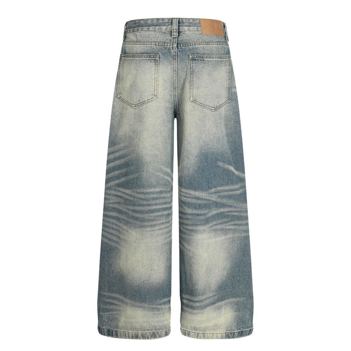 Men's Washed Distressed Denim Pants Loose Wide Leg Pleated Fade