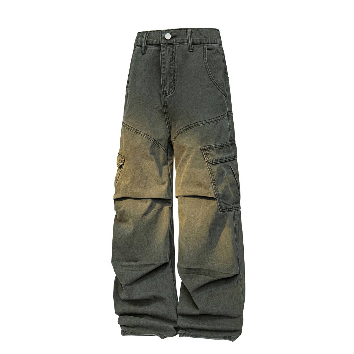American Workwear Relaxed Solid Patchwork Wide-Leg Utility Cargo Pants