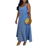 Button-Front Belted Denim Slip Midi Dress