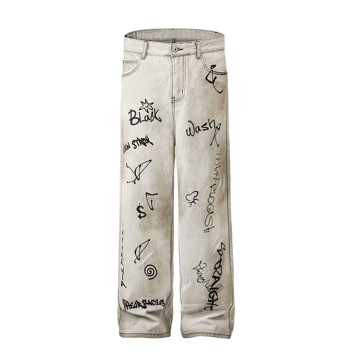 Graffiti Print Washed Wide-Leg Jeans