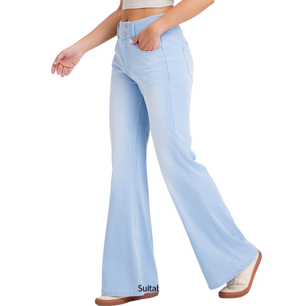 Mid-Rise Washed Knit Denim Flare Jeans