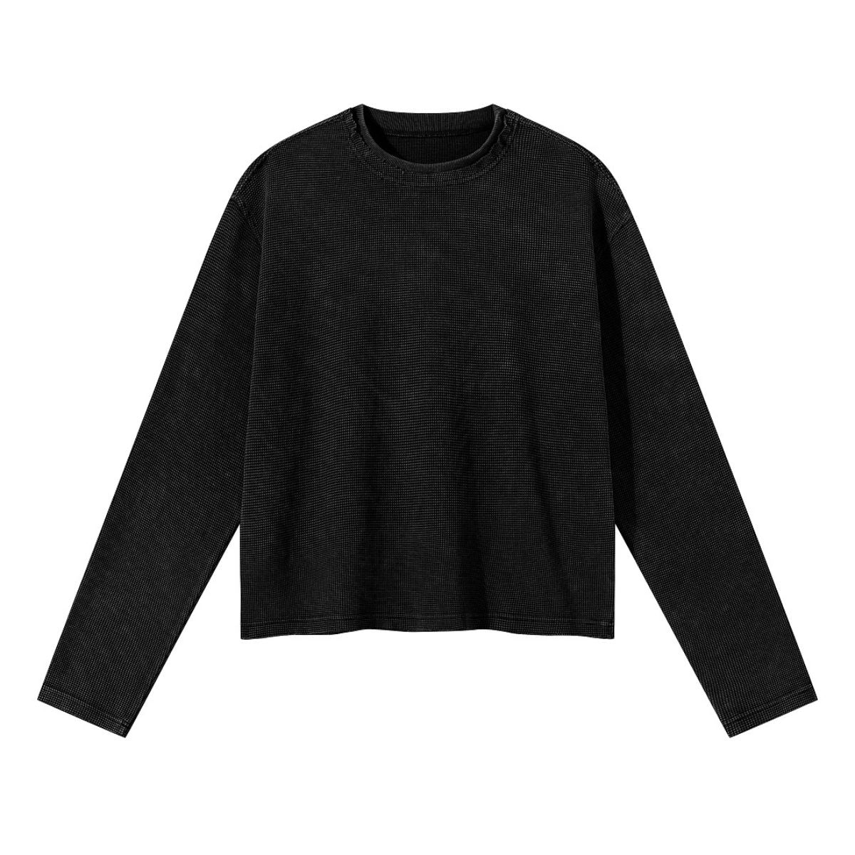 Waffle Raw‑Edge Spliced Distressed Long‑Sleeve T‑Shirt