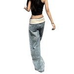 Contrast Waist Wide Straight Denim Jeans