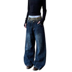 Vintage Washed Double-Waist Wide-Leg Denim Jeans