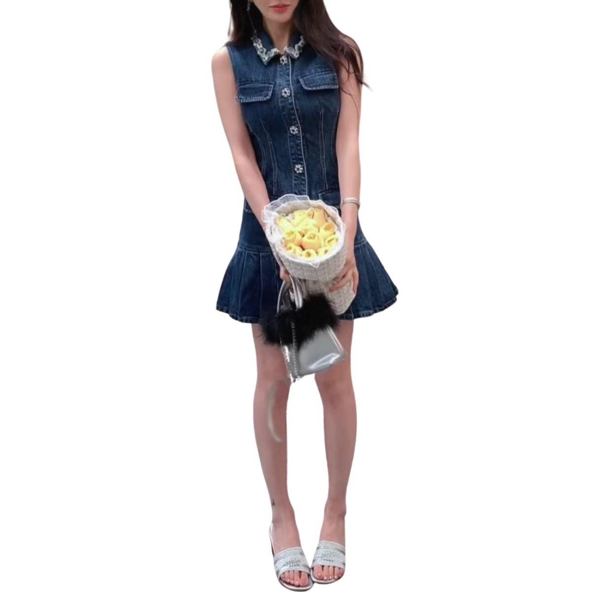 Sleeveless Beaded Denim Pleated Minidress