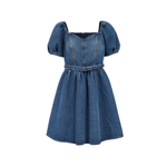 Puff Sleeve Belted Denim Mini Dress