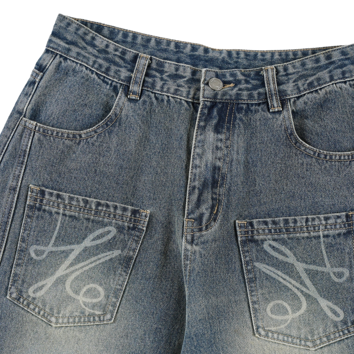 Laser Print Vintage Curved Denim Wide Leg Jeans
