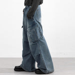 High Waisted Cargo Denim Pants Oversized Pockets Vintage Wash