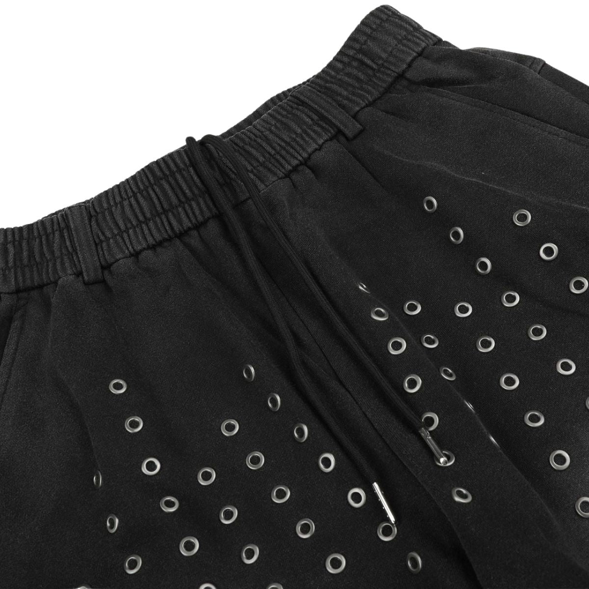 Vintage Washed Distressed Eyelet‑Stud Relaxed Wide‑Leg Trousers