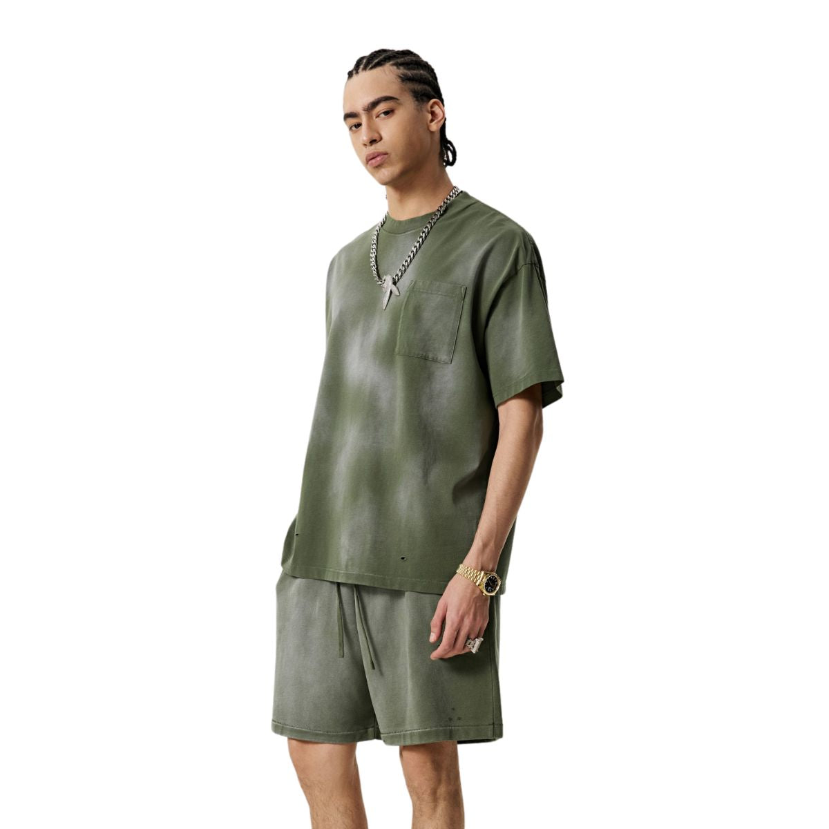 Camiseta con bolsillo desgastado y lavado ácido de 8.5 oz