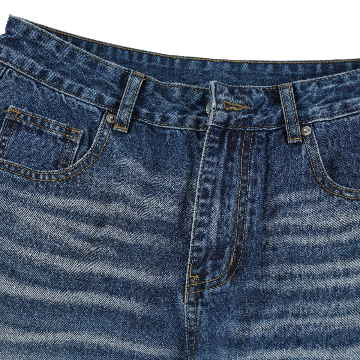 Deep Blue Washed Cat Whisker A-Line Straight Baggy Denim Jeans
