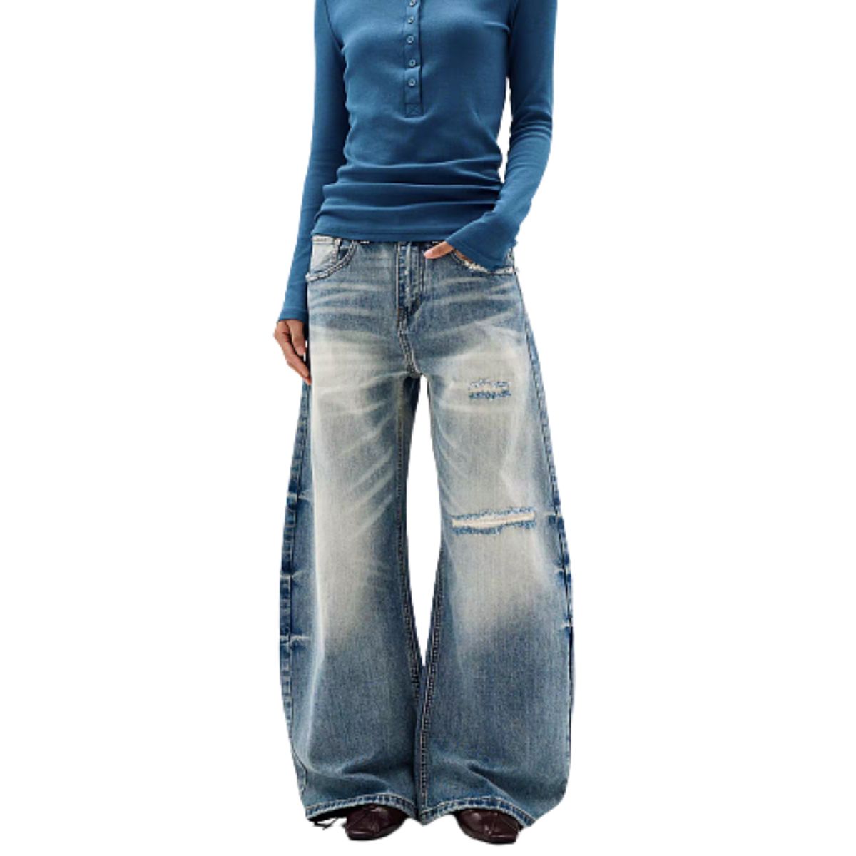 Washed Gradient Distressed Curved Leg Wide Denim Jeans