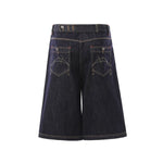 Deconstructed Embroidered Raw Denim Bermuda Shorts