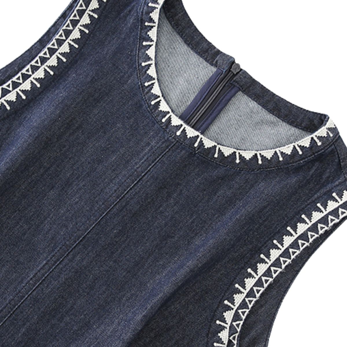 Sleeveless Embroidered Trim Denim Midi Dress