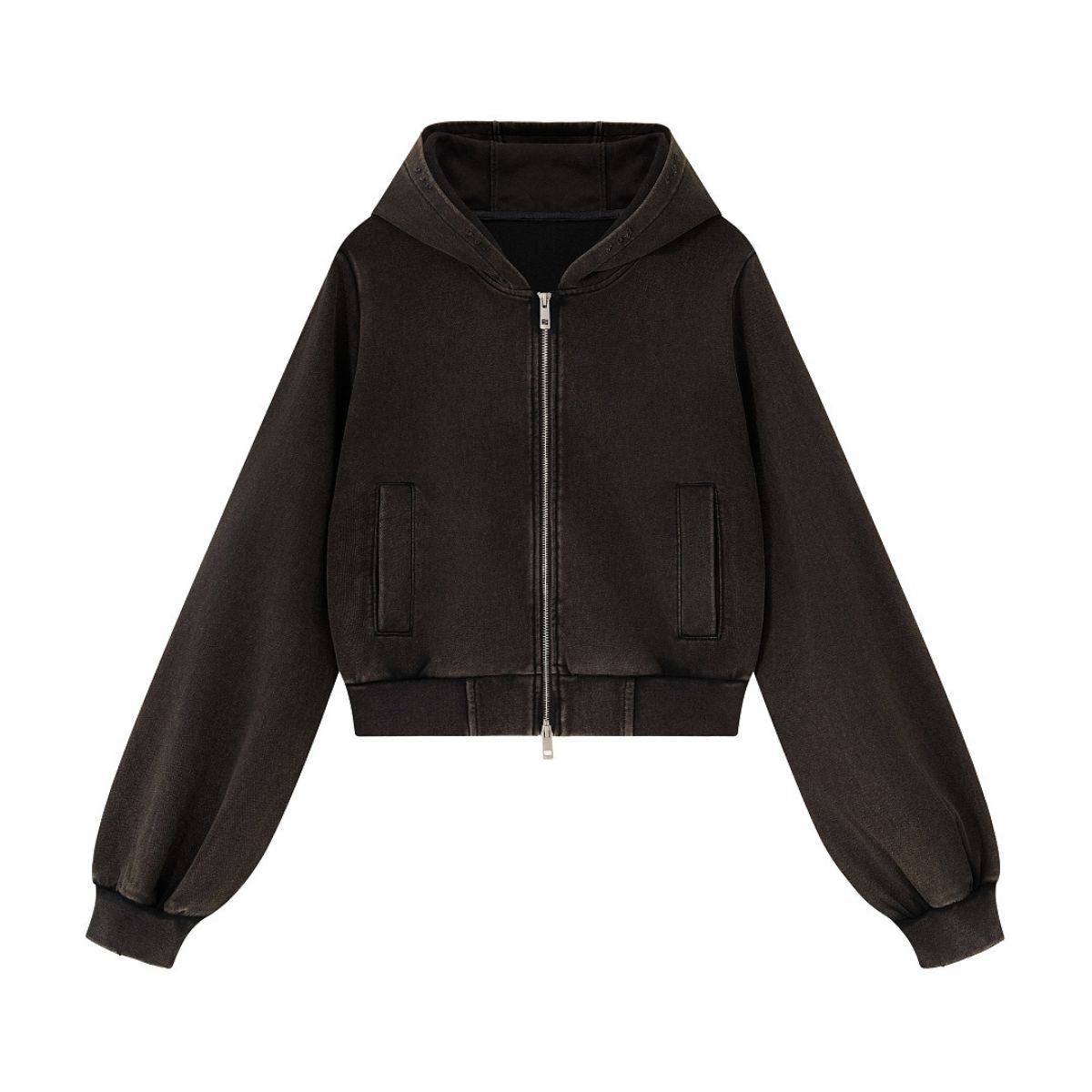 Women's Snow‑Wash Distressed Cropped Double Zip Hoodie