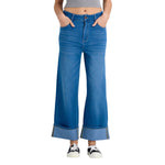 Mid Rise Rolled Hem Slimming Knit Denim Straight Leg Jeans