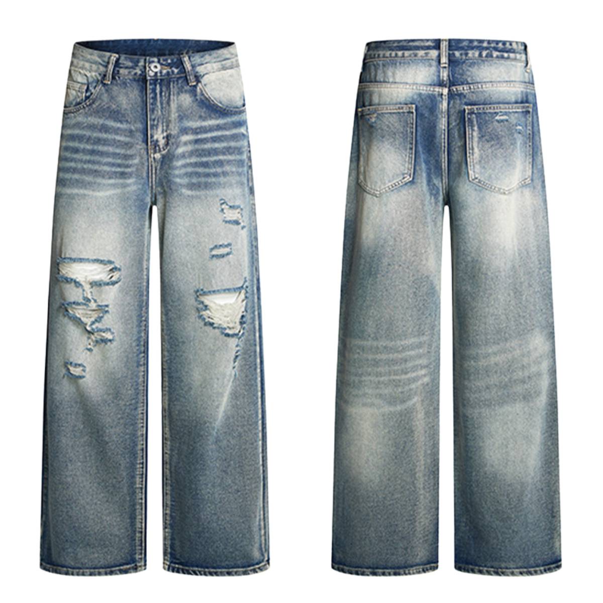 Retro Bleached Ripped Loose Fit Wide Leg Jeans